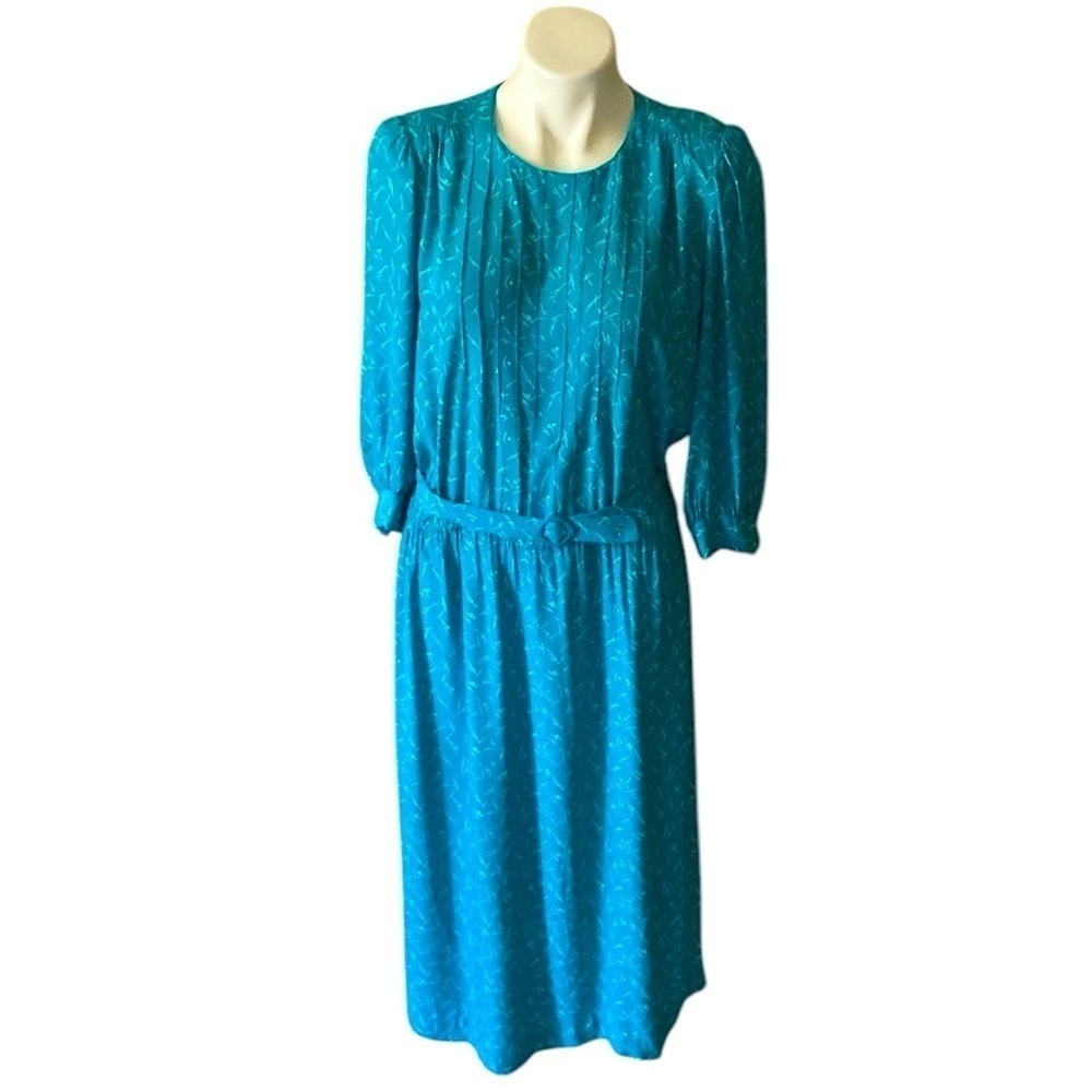Vintage Karin Stevens Blue And White 80’s 3/4 Sleeve Midi Belted Dress Costume